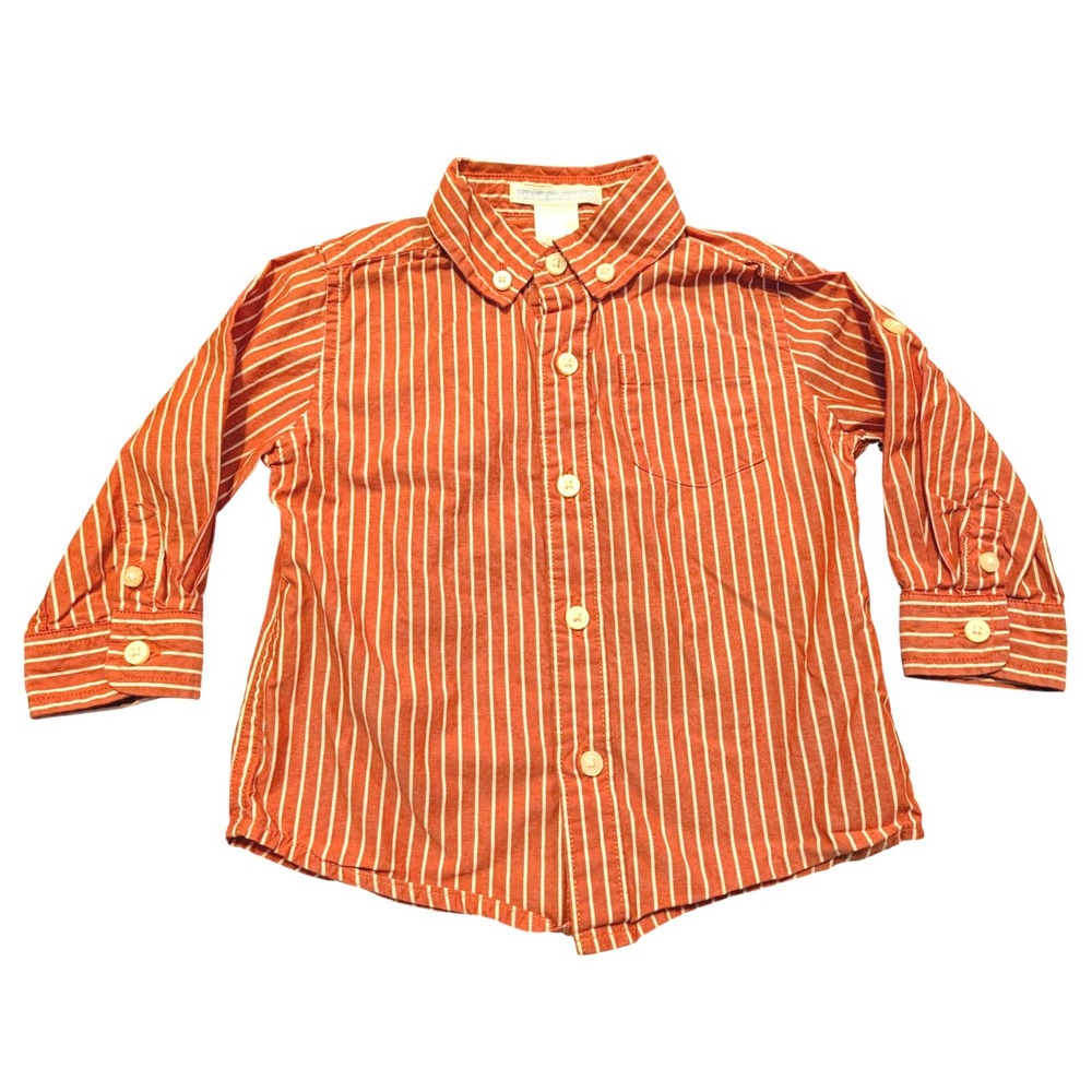 Janie and Jack Boys 6-12 Months The Striped Poplin Shirt Red White Botton Down